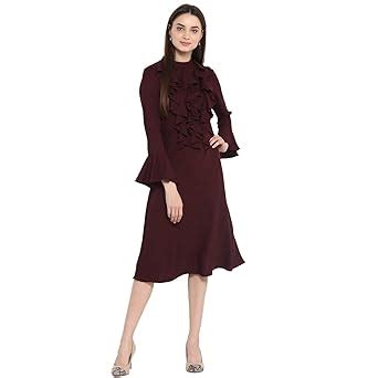 Buy StyleStone Women's Maroon Front Ruffled Bell Sleeve Dress ...