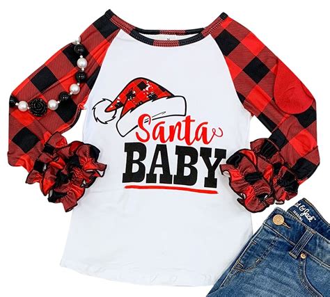 Little Girl Kids Santa Baby Christmas Plaid Shirt Top Tee T-Shirt White ...