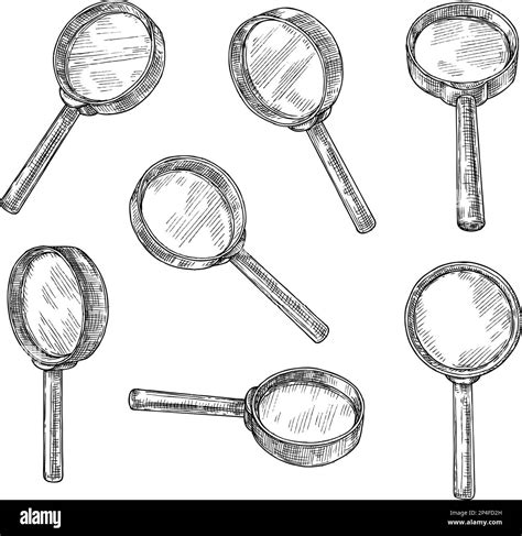 Sketch magnifying glass. Vintage old searching lens engraving, hand ...