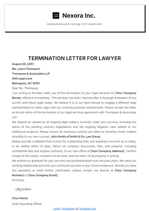 Free Termination Letter for Lawyer Template to Edit Online
