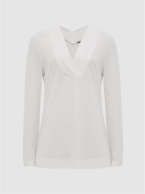 V-Neck Long Sleeve Blouse in Cream - REISS