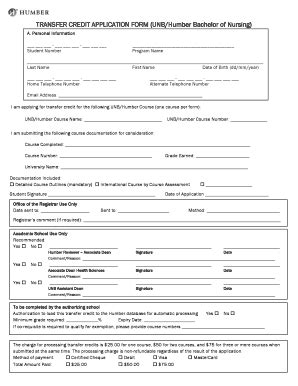 Fillable Online TRANSFER CREDIT APPLICATION FORM (UNB/Humber Bachelor ...