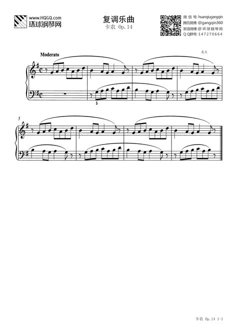 复调乐曲 卡农Op.14（选自武汉音乐学院钢琴考级教程二级）钢琴谱-环球钢琴网