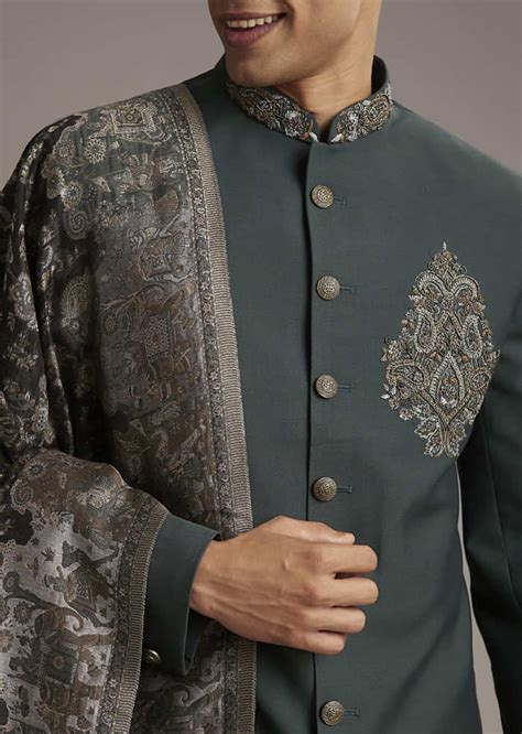 Olive Rayon Groomsman Sherwani With Intricate Hand Embroidery