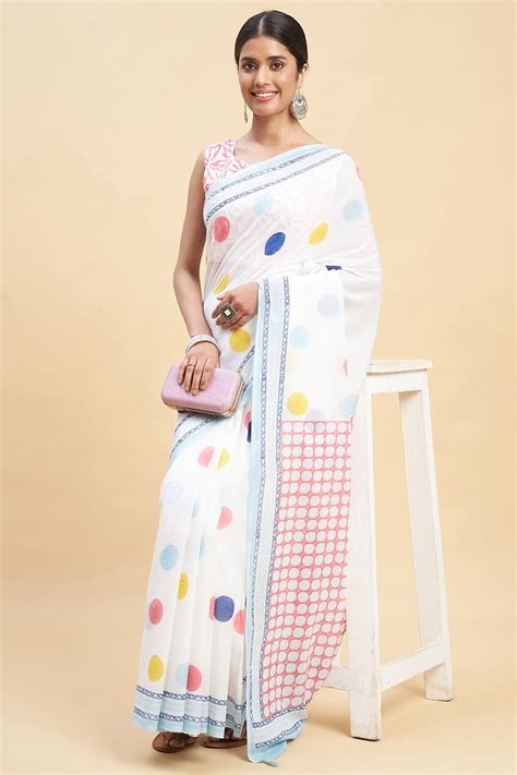"Ocean Pearls'' Block Printed Cotton Saree