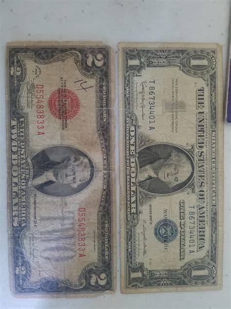 Silver Certificate 1 Dollar bill series 1957 B and a Red Seal 2 Dollar ...