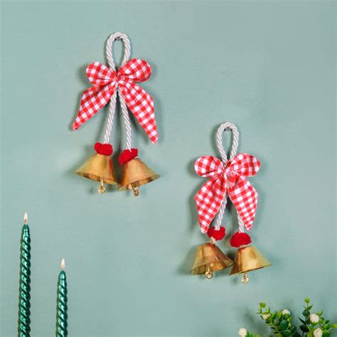 Set Of 2 Golden Bell Wall Hanging With Bow Online - Premium Wall ...
