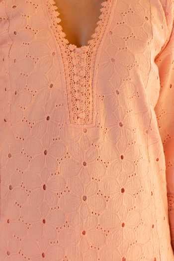 Buy Pink Cotton, Chiffon Embroidery, Lace V-neck Schiffli Hand Kurta ...
