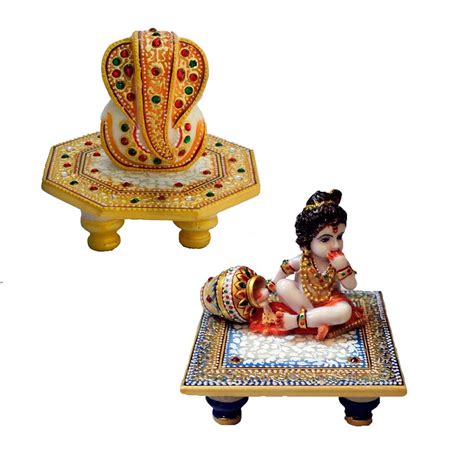 Buy eCraftIndia Combo of Lord Ganesha Marble Chowki and Laddu Gopal ...