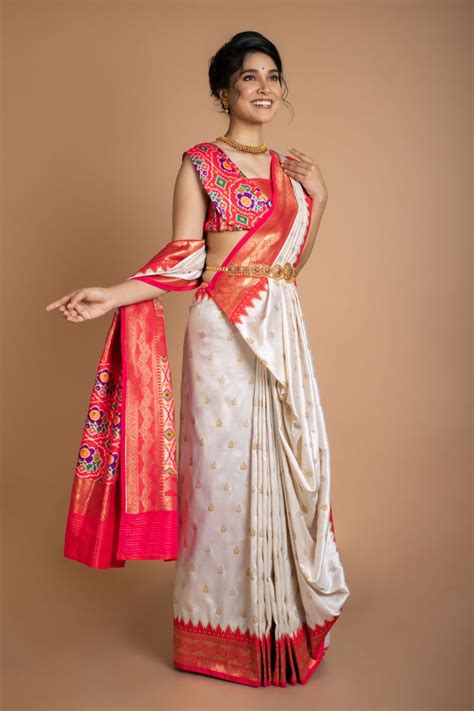 White Silk Saree With Red Banarasi Border | Drape Divaa