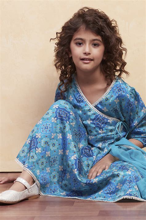 Buy Turquoise Angrakha Printed Flared Suit Set Online at Biba India