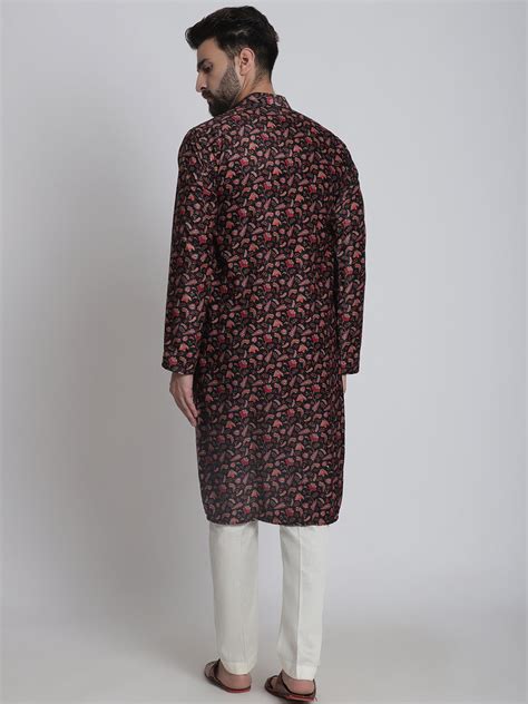 Black Ethnic Printed Silk Men Kurta Pajama – anokherang