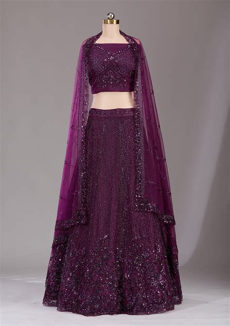 Buy Wine Sequins Net Semi-Stitched Lehenga - Koskii
