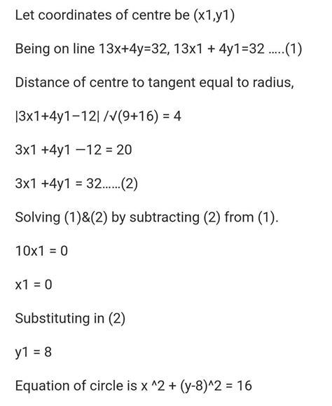 Find the equation of circle with radius 4 centre on the line 13x+ 4y ...