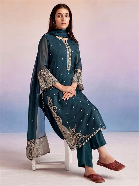 Shop Teal Paisley Embroidered Festive Suit Set - Jaipur Kurti
