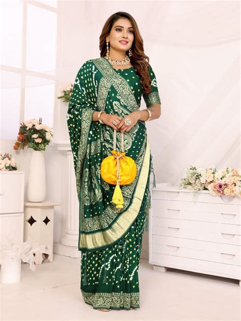 Dark Green Jacquard Zari Bandhani Saree – CLOHI