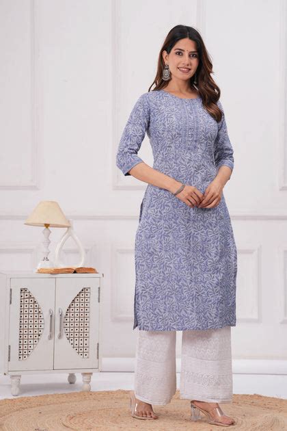Women Blue Printed Straight Kurta with Three Quarter Sleeves – Nayo ...