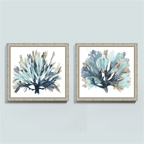 Seaside Coral Art Blue & Distressed Silver Leaf Frame with Tonal Washes