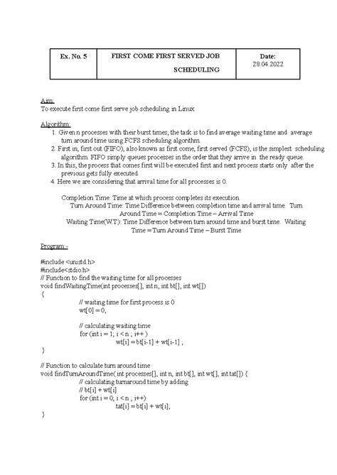 OSLab Manual -5&6 - lab - Ex. No. 5 FIRST COME FIRST SERVED JOB ...