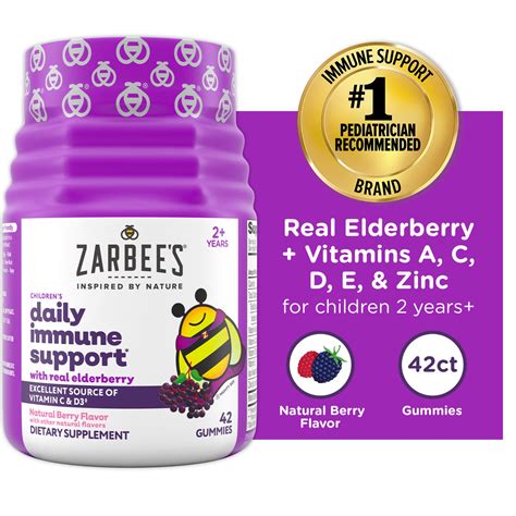 Zarbee's Kid’s Immune Support Gummies- Elderberry, Vitamins, Zinc, 42ct ...