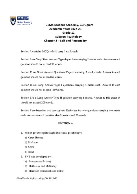 Chapter 2 Sample Paper - GEMS Modern Academy, Gurugram Academic Year ...