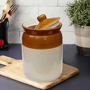Buy Pure Source India Ceramic Ivory & Brown Pickle Jar with Lid | Achar ...