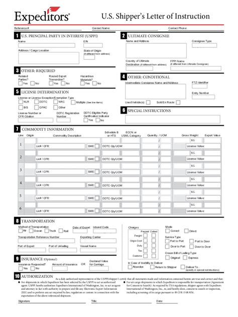 Expeditors US Shippers Letter of Instruction - Blank Fillable Template ...