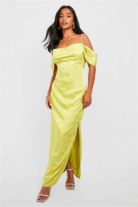 Petite Floral Jaquard Cold Shoulder Satin Maxi Dress | boohoo UK