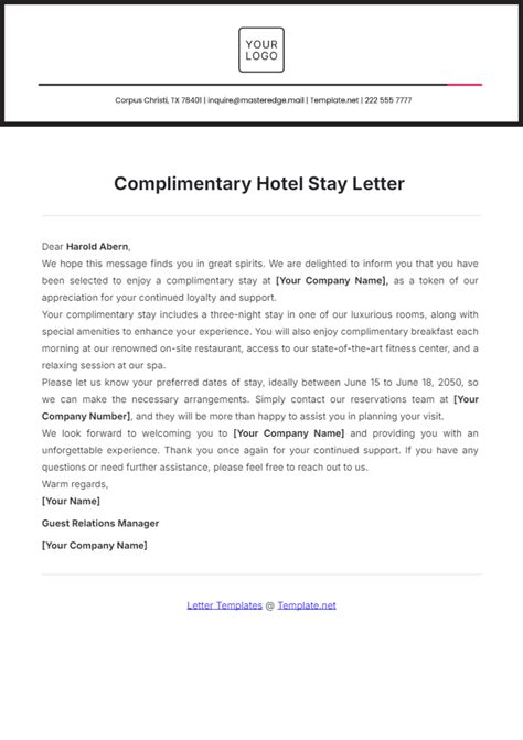 Free Complimentary Hotel Stay Letter Template to Edit Online