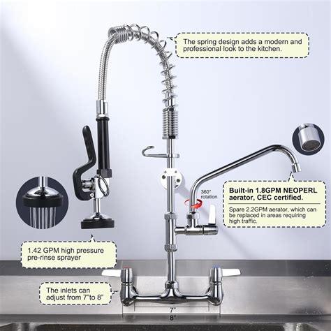WOWOW 25" Height Pre-Rinse Wall Mount Commercial Kitchen Faucet with ...