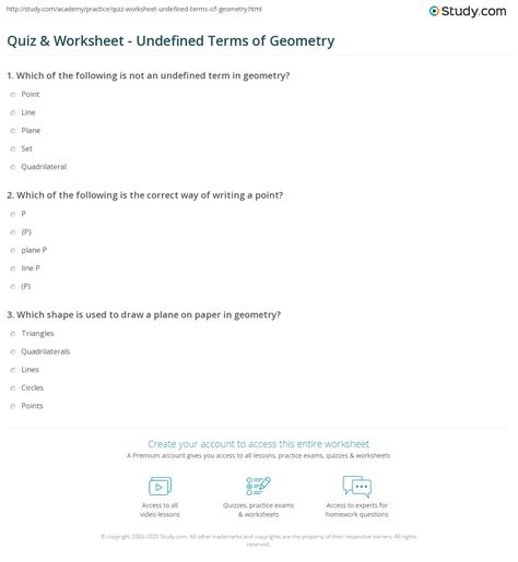 Quiz & Worksheet - Undefined Terms of Geometry | Study.com