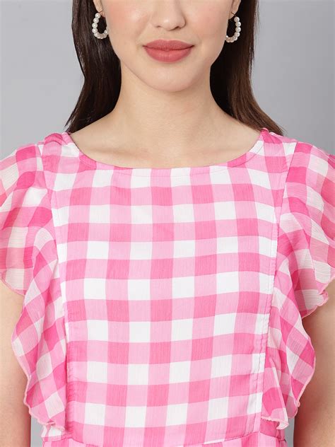 Women's Pink Check Polyester Maxi Dress – Stylestone