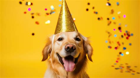 Happy golden retriever dog celebrating birthday wearing party hat ...