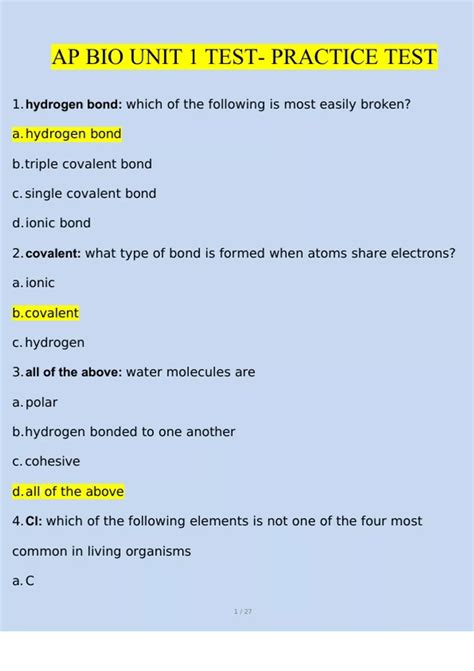 AP Biology UNIT 1 TEST- PRACTICE TEST | Questions with 100% Correct ...