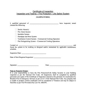 Fillable Online brandonfire Certificate of Inspection - Fire Protection ...