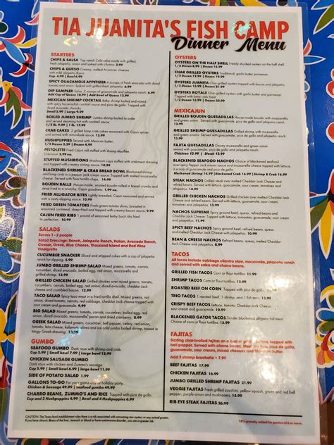 Menu at Tía Juanitas Fish Camp Port Arthur restaurant, Port Arthur