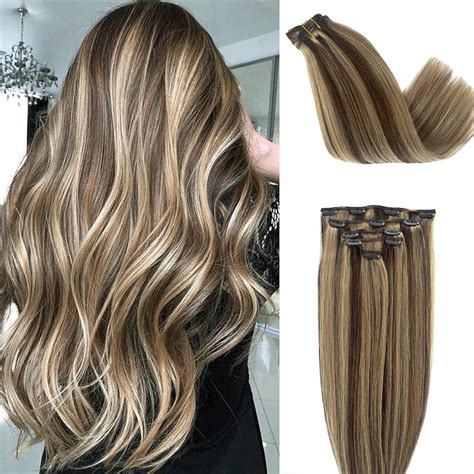 Amazon.com : OiMiGO Highlight Hair Extensions Human Hair, 22Inch Clip ...