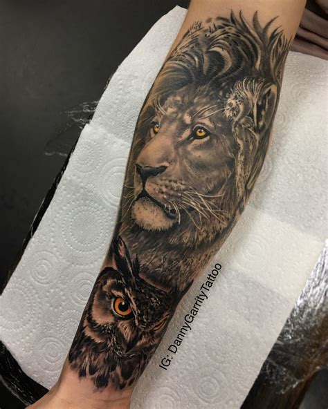 Lion and owl men’s sleeve tattoo design in black and grey | Mens sleeve ...