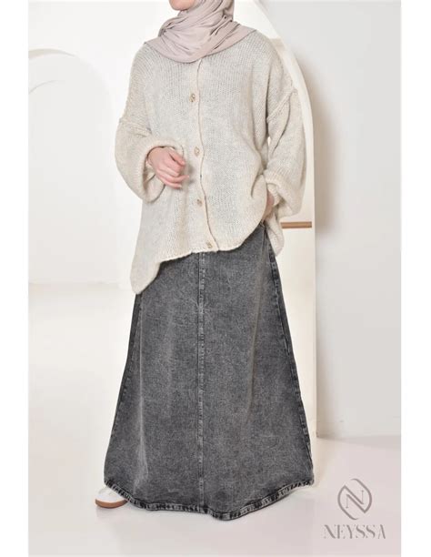 grey denim long skirt without slit, ideal for all seasons