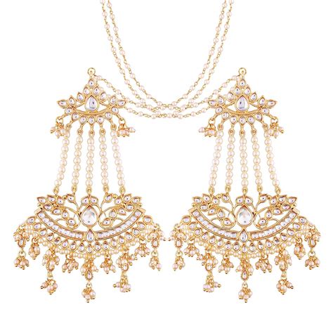 Peora White Baby Pearls & Kundan Studded Drop Earrings with Chains Gift ...