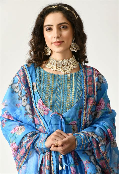 Isha Borah Azure Blue Gulzar Anarkali set – Alyssum.in