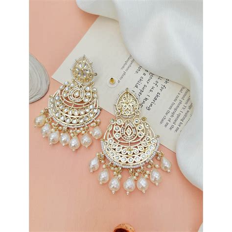 Buy Abdesigns White Pearl Kundan Studded Gold-Plated Chandbali Earrings ...