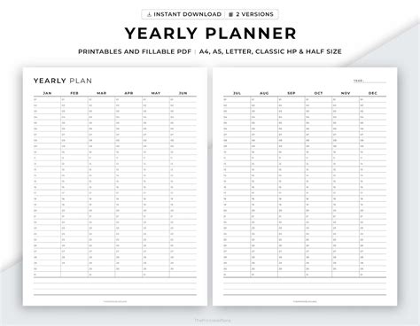 Yearly Planner Printable, Annual Planner, Yearly Overview, Year at a Glance, Yearly Agenda, 12 ...