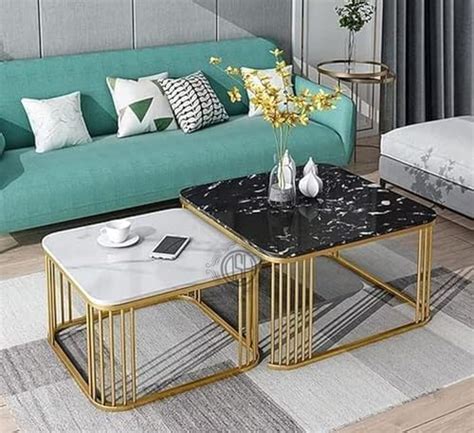 DSH Metal Coffee Table Nesting Table Marble Finish MDF White Top for ...