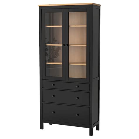 HEMNES glass-door cabinet with 3 drawers, black-brown/light brown ...