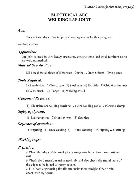 Ex No -1b Electrical ARC Welding - Lap joint - ELECTRICAL ARC WELDING ...