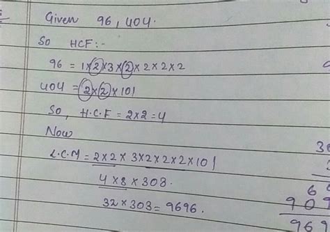 find the HCF of 96 and 404 by prime factorisation and hence find their ...