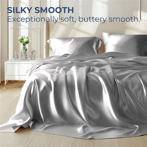 Seasonwood Microfiber Satin Grey Sheets Queen Size Luxury Silk 4-Piece ...