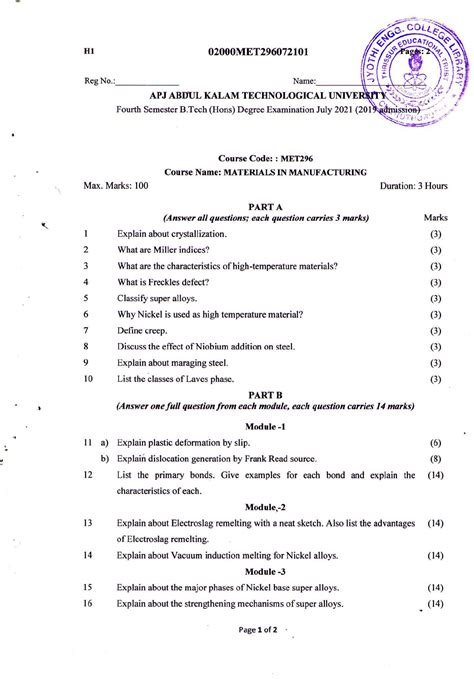 MET296 Materials in Manufacturing Exam Paper - July 2021 - Studocu