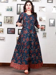 Indigo Rust Red Hand Block Printed Long Cotton Dress With Back Knots ...